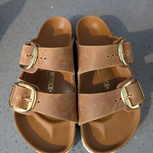 Brown Leather Sandals with Gold Buckles
